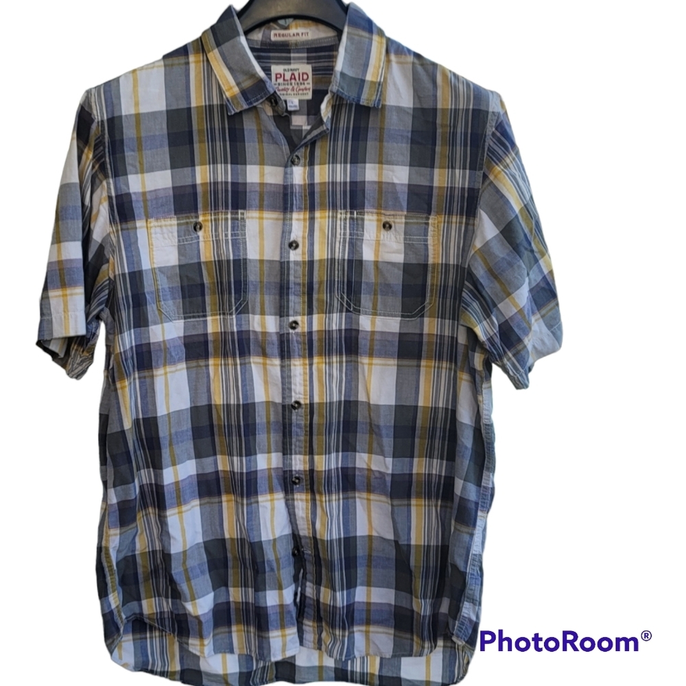 Old Navy Plaid Button Up Mens Shirt Large Yellow Blue lightweight Vintage